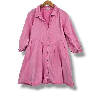 Umgee Denim Pink Acid Wash Babydoll Button Front Mini Dress Ruffle Sleeve Medium